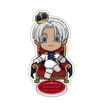 Chibi-style tokyo revengers acrylic stand featuring silver-haired character with gold crown on red throne desk decor