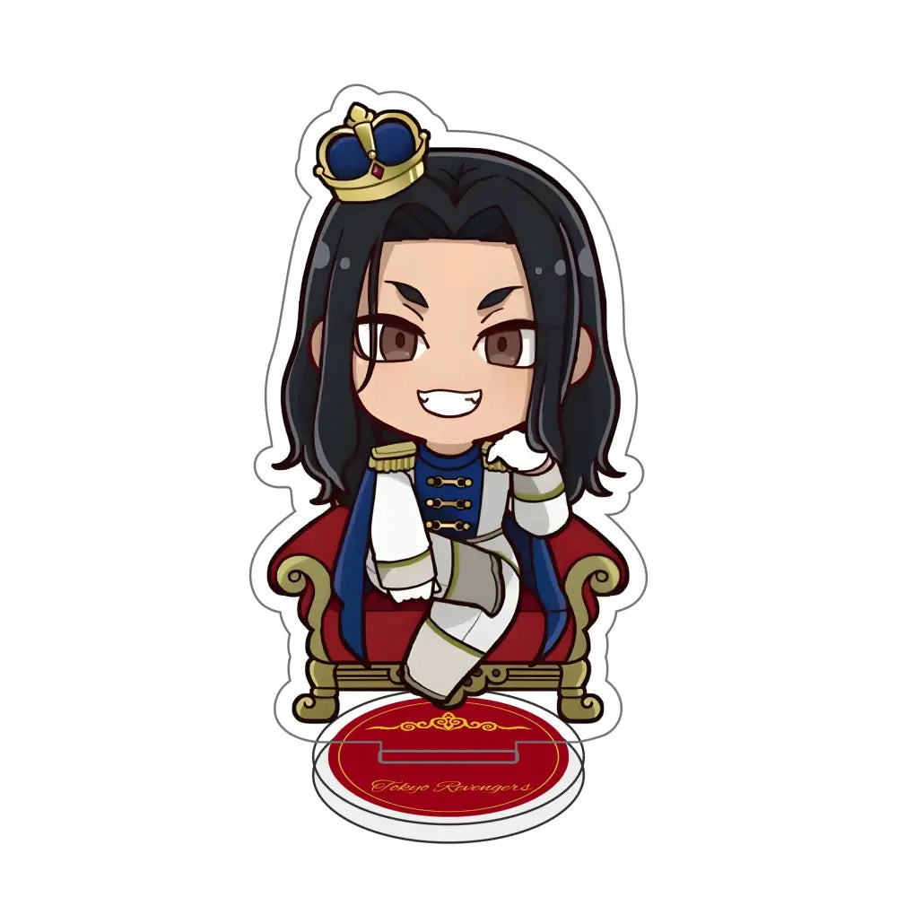 Chibi-style tokyo revengers acrylic stand featuring a character with long black hair and gold crown on red throne