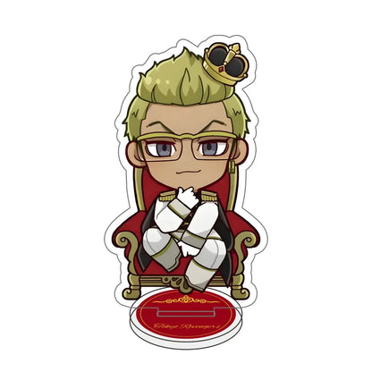 Chibi-style tokyo revengers acrylic stand featuring blonde hair character with crown and red cape for 10cm desk decor