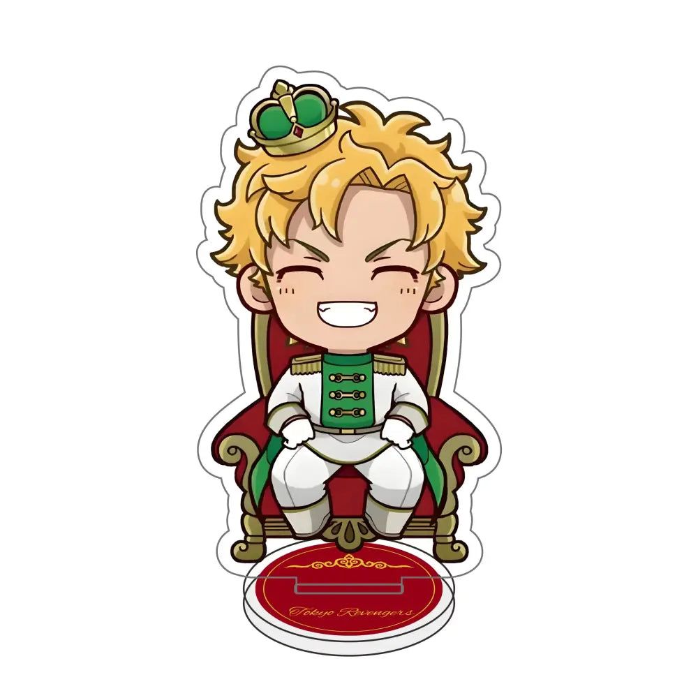 Chibi-style tokyo revengers acrylic stand featuring a blonde character in royal green and white outfit on red base desk decor