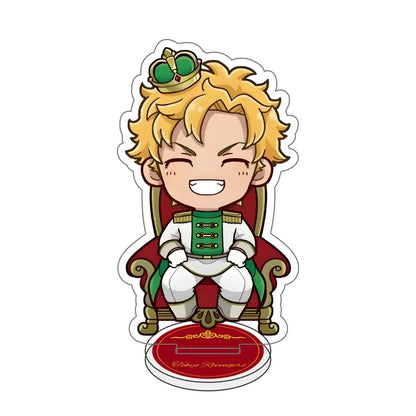 Chibi-style tokyo revengers acrylic stand featuring a blonde character in royal green and white outfit on red base desk decor