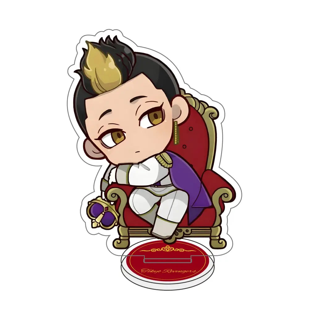 Chibi-style tokyo revengers acrylic stand with black and gold hair in white armor and purple cape seated on red throne