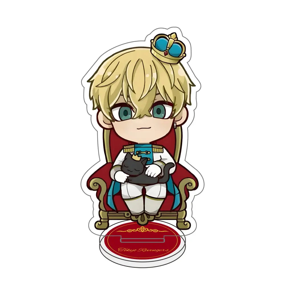 Chibi-style tokyo revengers acrylic stand featuring blonde royal character with black cat for 10cm desk decor