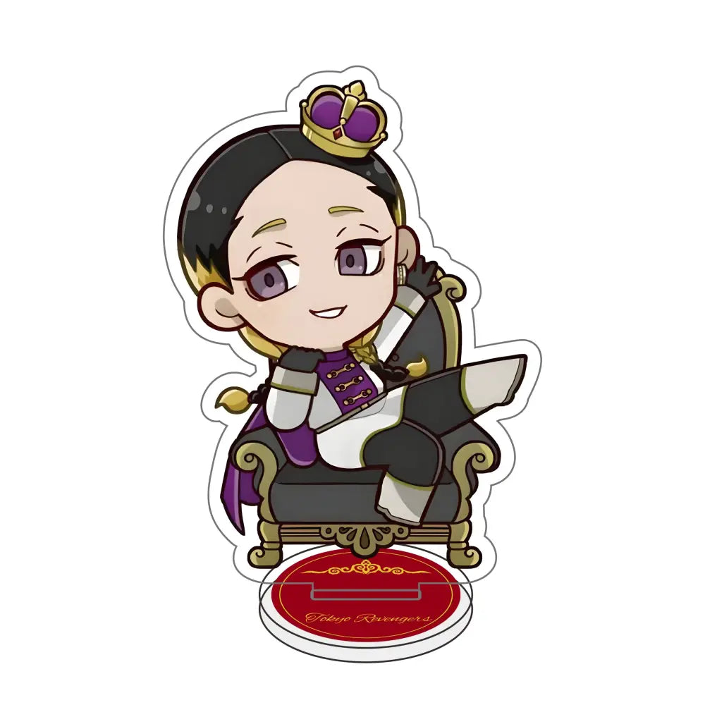 Chibi-style tokyo revengers acrylic stand featuring a character in black and purple regal attire on an ornate throne