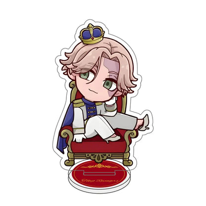 Chibi tokyo revengers acrylic stand featuring a pink-haired character in royal blue gold uniform seated on red throne