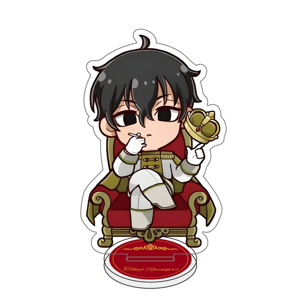Chibi style tokyo revengers acrylic stand in red and gold military attire holding a crown on an ornate throne desk decor