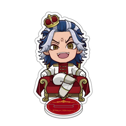 Chibi-style tokyo revengers acrylic stand featuring silver and blue hair character in red and white outfit on throne