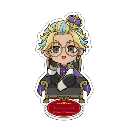 Chibi-style tokyo revengers acrylic stand with blonde character in purple outfit seated on ornate chair with crown