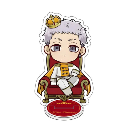 Chibi silver-haired character with blue eyes in white and gold uniform seated on red throne tokyo revengers acrylic stand