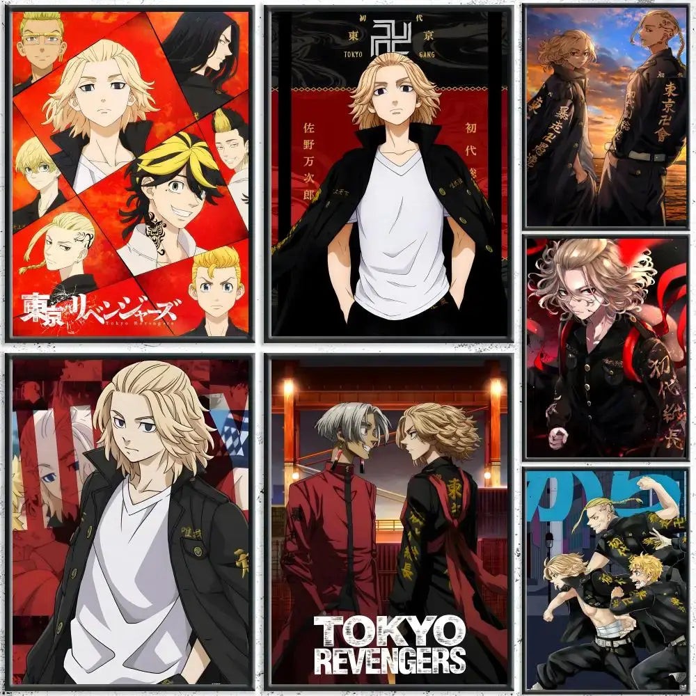 Collection of tokyo revengers anime posters in black and red featuring bold japanese text waterproof self-adhesive design