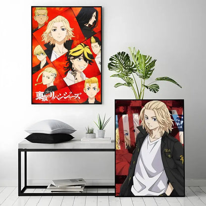 Red and black framed tokyo revengers anime poster with bold stylized artwork waterproof self-adhesive design
