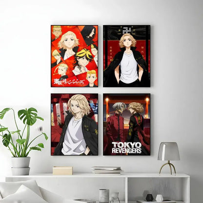 Set of four framed tokyo revengers anime posters with vibrant red and black waterproof self-adhesive designs