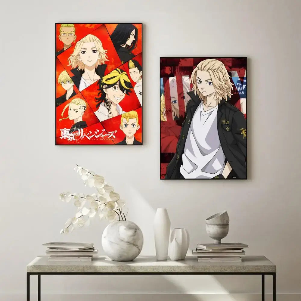 Two framed tokyo revengers anime posters hang on a white wall above a minimalist console table with waterproof self-adhesive material
