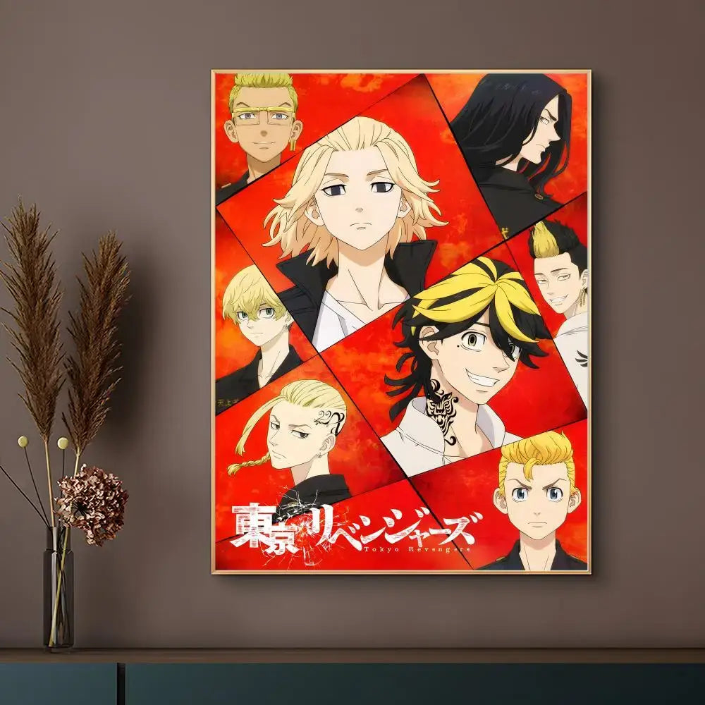 A vibrant red tokyo revengers anime poster with multiple characters in a simple wooden frame, waterproof and self-adhesive
