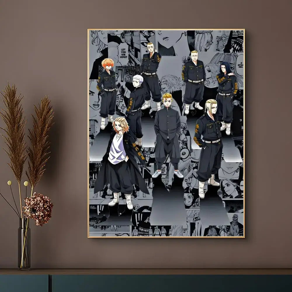 Black and gold tokyo revengers anime poster featuring uniformed characters with a thin golden border waterproof self-adhesive