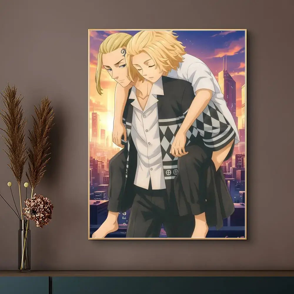 Anime poster of tokyo revengers featuring two blonde characters in cityscape at sunset with vibrant orange and purple hues on canvas