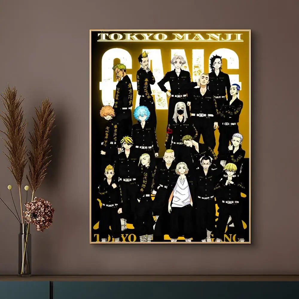 Tokyo revengers anime poster featuring characters in black uniforms with gold lettering on a yellow waterproof vinyl background