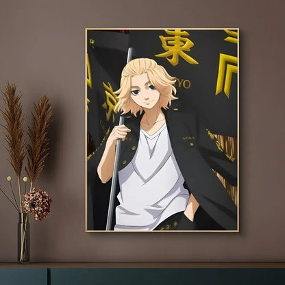 Framed tokyo revengers anime poster featuring a blonde character in a black jacket holding a staff with gold lettering