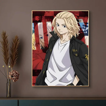 Black and white tokyo revengers anime poster with blonde hair character in black jacket and thin gold border waterproof