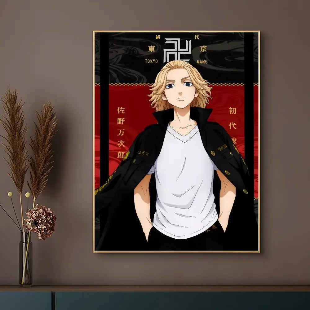 A tokyo revengers anime poster featuring a framed portrait of a blonde character in a black jacket on a red background with japanese text