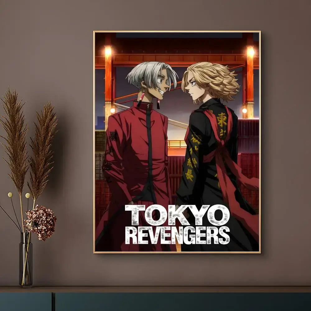 Tokyo revengers anime poster featuring two characters in red and black outfits with a nighttime cityscape background