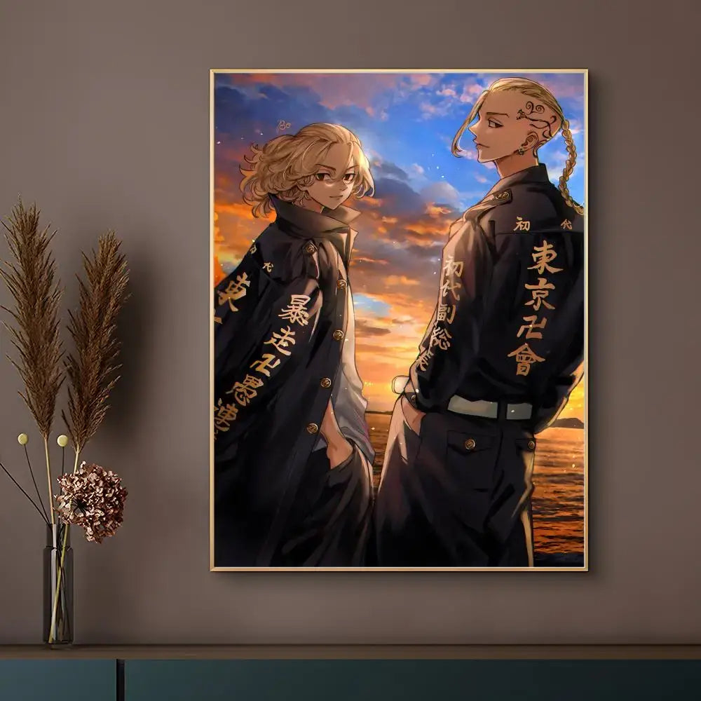 Black tokyo revengers anime poster canvas print with two characters in gold lettered jackets framed on wall