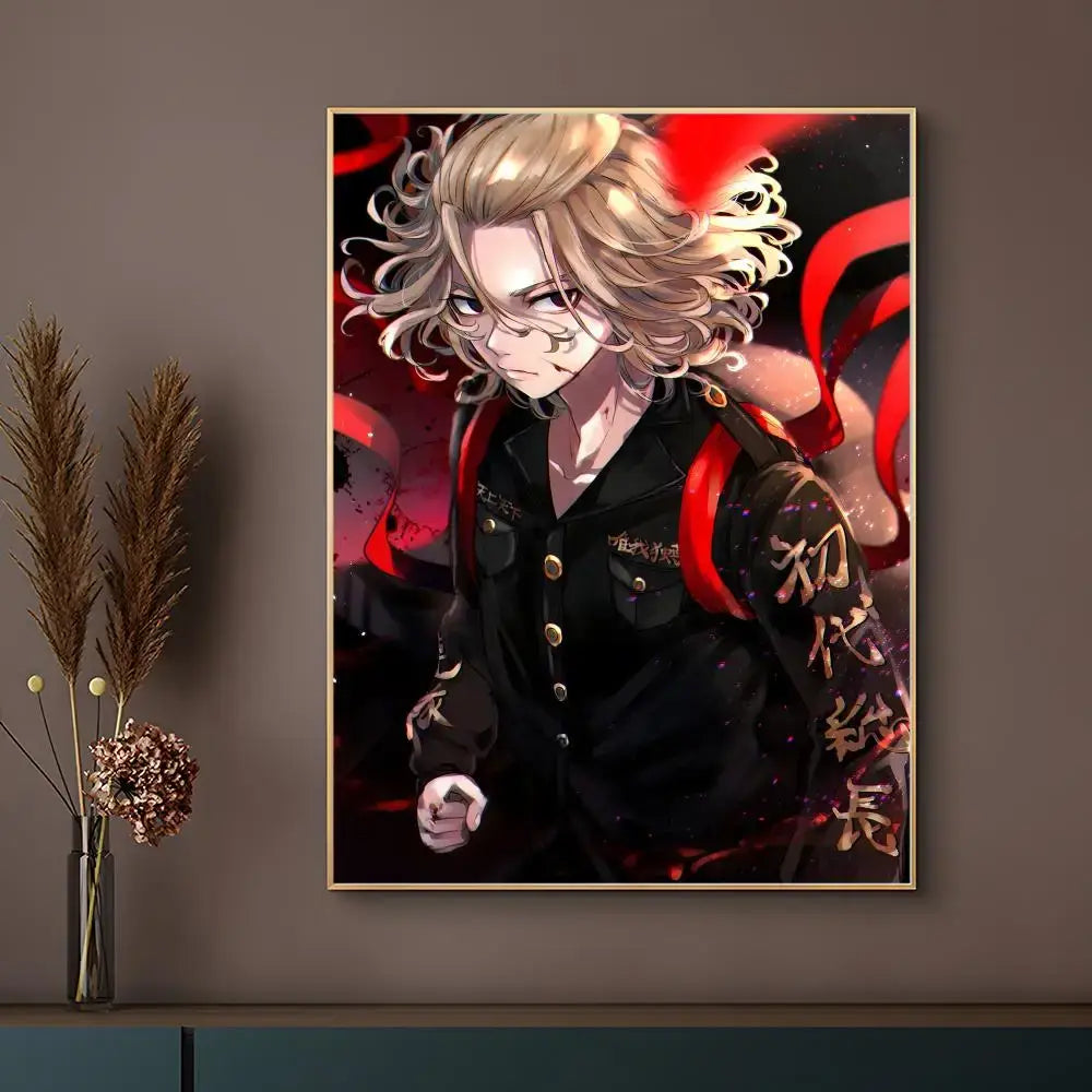 Black and red tokyo revengers anime poster with gold-framed diamond painting waterproof self-adhesive design