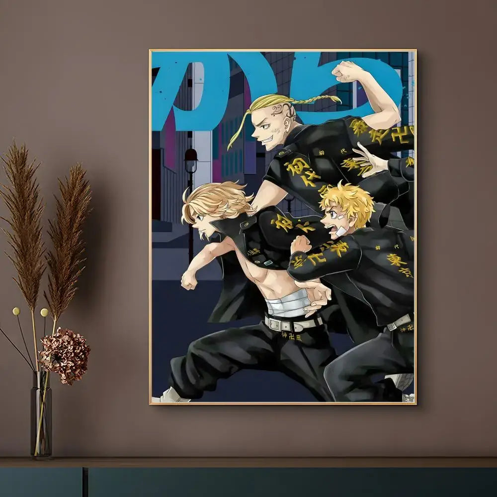 Black and gold tokyo revengers anime poster with three dynamic characters in a thin golden border waterproof self-adhesive