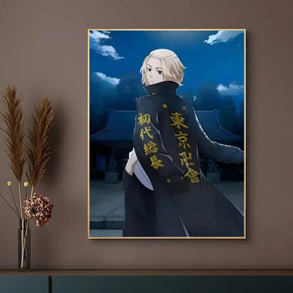 Black tokyo revengers anime poster featuring a character in a long coat with gold japanese characters on the back against a dark blue night sky