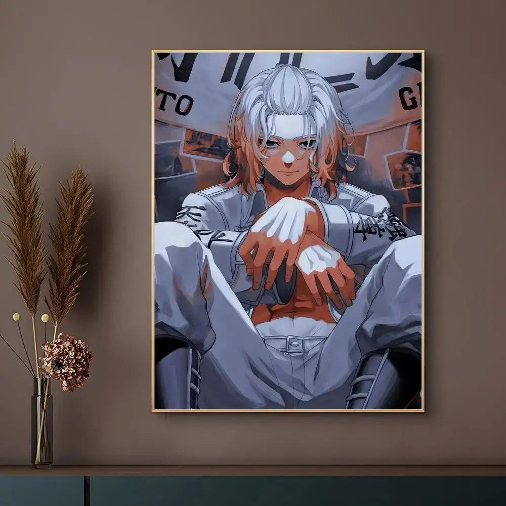 A framed tokyo revengers anime poster featuring a character with silver and orange hair wearing a gray jacket and white gloves