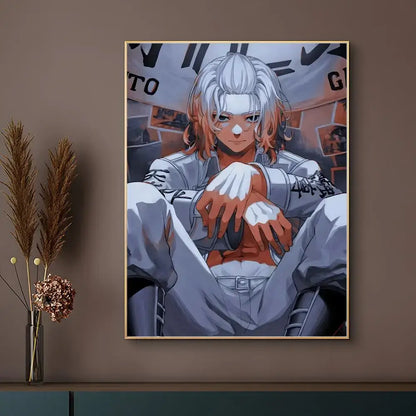 A framed tokyo revengers anime poster featuring a character with silver and orange hair wearing a gray jacket and white gloves