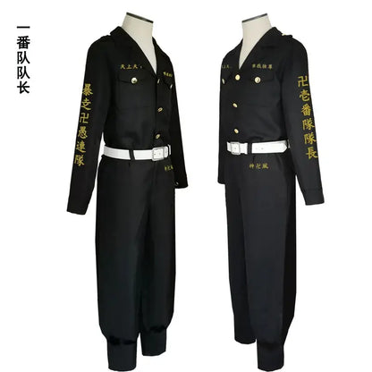 Black jumpsuit tokyo revengers cosplay costume with gold embroidery white belt and detailed sleeve text for themed parties