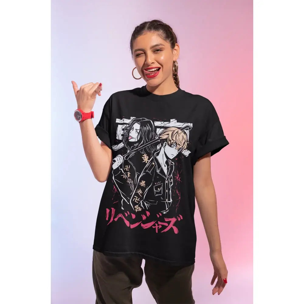 Black chifuyu matsuno t-shirt featuring two anime characters and pink japanese text soft tokyo revengers tee