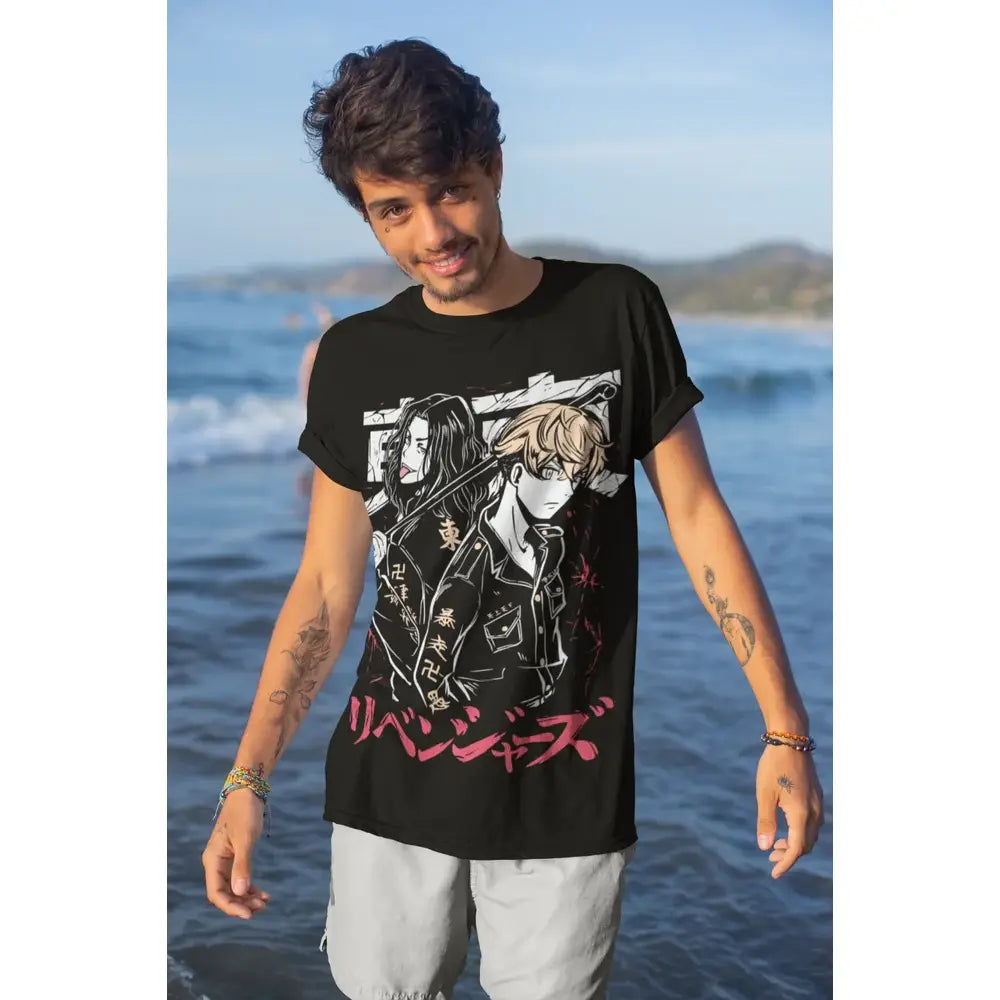 Black cotton Tokyo Revengers chifuyu matsuno t-shirt with pink and white anime graphic print and Japanese text