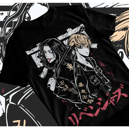 Black short-sleeved soft anime tee featuring chifuyu matsuno bold black and white graphic with red accents and japanese text