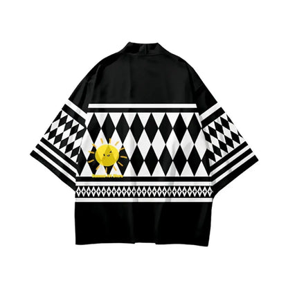 Back of black cotton tokyo revengers draken haori summer short sleeve jacket with white patterns and yellow sun graphic