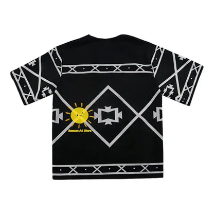 Back of black short sleeve Tokyo Revengers Draken Haori summer short sleeve t-shirt with white geometric patterns and yellow sun graphic
