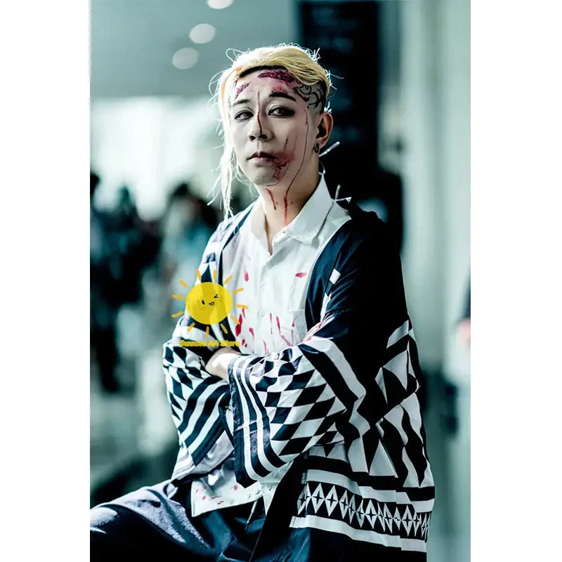 Black and white geometric-patterned summer short sleeve Tokyo Revengers Draken haori jacket with white shirt underneath