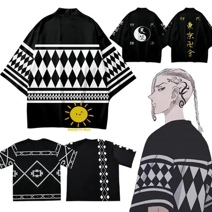 Tokyo revengers draken haori summer short sleeve unisex kimono top with black and white geometric patterns and smiling sun design