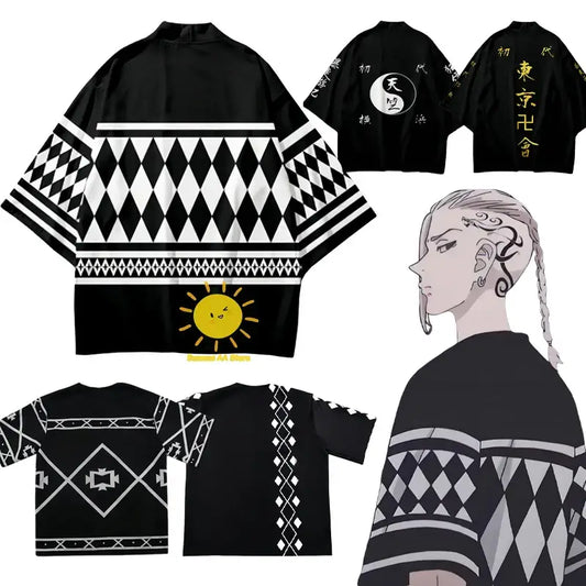Tokyo revengers draken haori summer short sleeve unisex kimono top with black and white geometric patterns and smiling sun design
