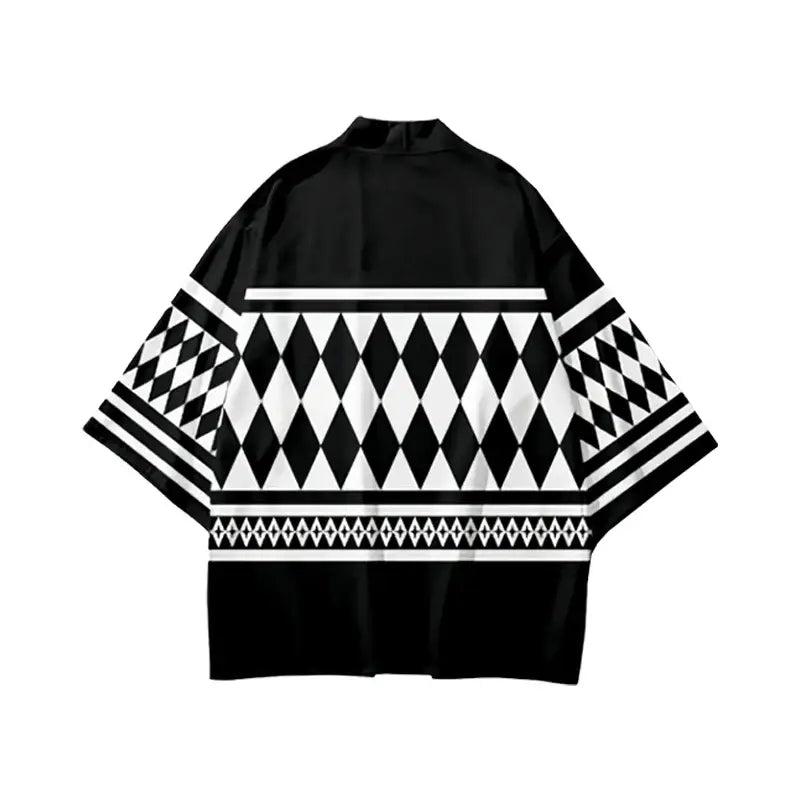 Black and white geometric patterned Tokyo Revengers Draken haori summer short sleeve jacket with diamond and stripe motifs