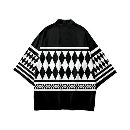 Black and white geometric patterned Tokyo Revengers Draken haori summer short sleeve jacket with diamond and stripe motifs