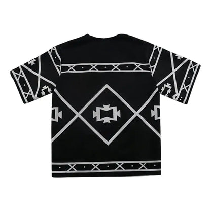 Black short sleeve t-shirt with bold white geometric diamond and crosshatch pattern tokyo revengers draken haori summer short sleeve