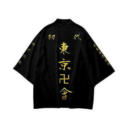 Back of black Tokyo Revengers draken haori summer short sleeve kimono with gold Japanese calligraphy design