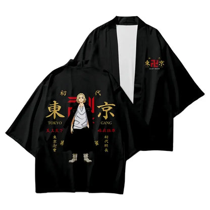 Black Tokyo Ghoul themed summer short sleeve kimono with gold and red text and character illustration front