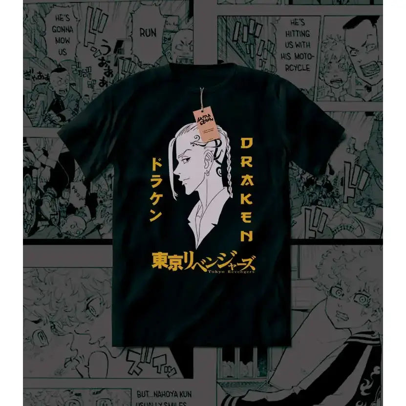 Black 100% cotton tokyo revengers draken polo shirt with white line-art and yellow vertical japanese text