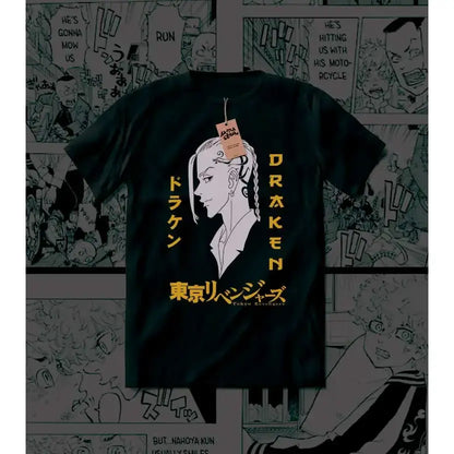 Black 100% cotton tokyo revengers draken polo shirt with white line-art and yellow vertical japanese text
