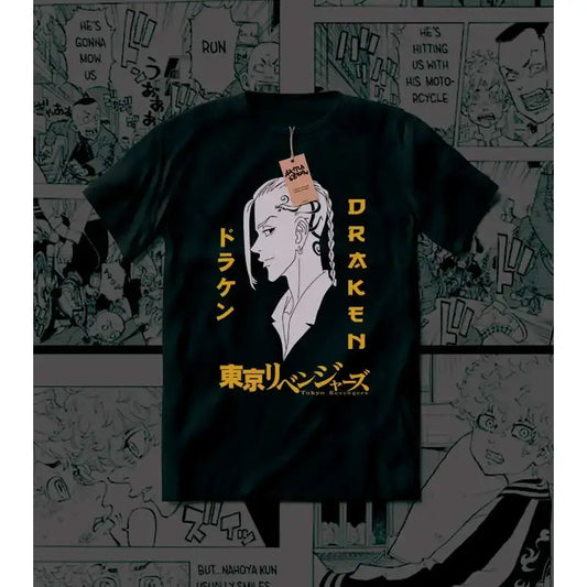 Black 100% cotton tokyo revengers draken polo shirt with white line-art and yellow vertical japanese text