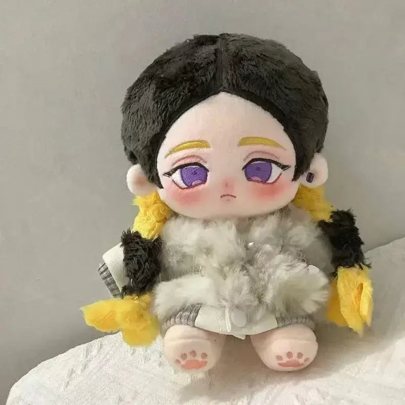 Tokyo Revengers haitani ran plush doll with black fur hair, purple eyes, yellow braids, wearing fluffy white coat