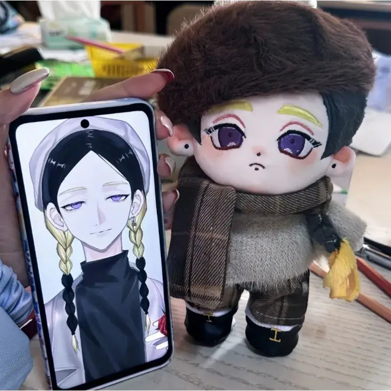Tokyo Revengers haitani ran plush doll with brown fur hat purple eyes and plaid scarf in textured sweater outfit 20cm cotton stuffed